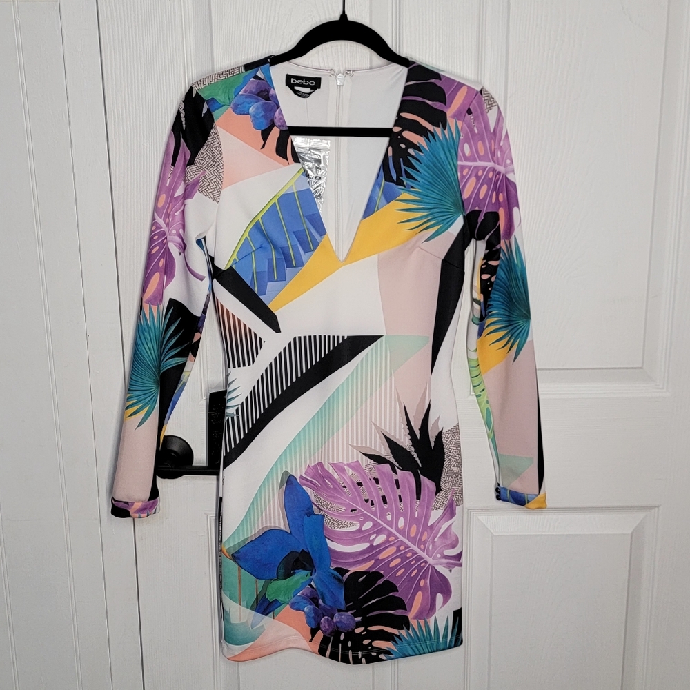 Bebe Purple and Blue Long Sleeve Sheath Dress